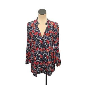 Free People Shirt Womens XS Navy‎ Red Floral Boho Ruffle V Neck 3/4 Bell Sleeve